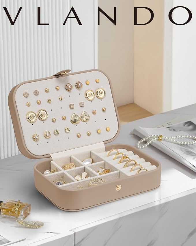 VLANDO Travel Jewelry Case for Women Girls Mothers, PU Leather Small Jewelry Box for Rings, Necklaces, Bracelets, Earring Holder Organizer Storage for Travel Accessories, Valentines Gift - Toffee - Image 2