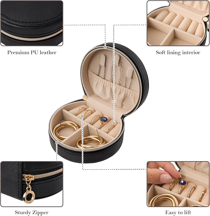 ProCase Travel Size Jewelry Box, Mini Portable Seashell-Shaped Jewelry Case, 2 Layer Organizer in PU Leather for Women -Black - Image 5