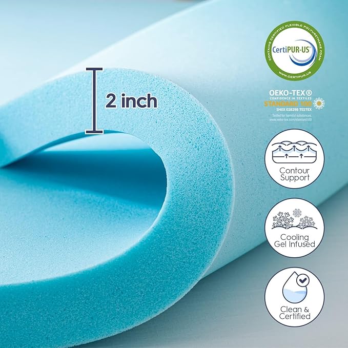 ELEMUSE Dual Layer 4 Inch Memory Foam Mattress Topper Full Size, 2 Inch Cooling Gel Memory Foam and 2 Inch Soft Pillow Top Mattress Pad for Back Pain Relief