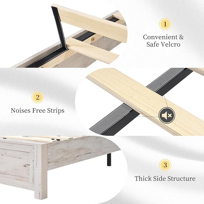 LUXOAK 3 Pcs Bedroom Furniture Sets, Farmhouse Full Size Bed Frame with 49" Tall Headboard and Nightstand Sets of 2 with Charging Station, Slated Handles & Stainless Steel Feet, Distressed White