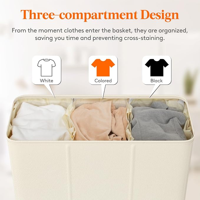 Lifewit Triple Laundry Hamper with Lid and Removable Laundry Bags, Large Collapsible 3 Dividers Dirty Clothes Basket with Handles for Bedroom, Laundry Room, Closet, Bathroom, College, 180L White - Image 4