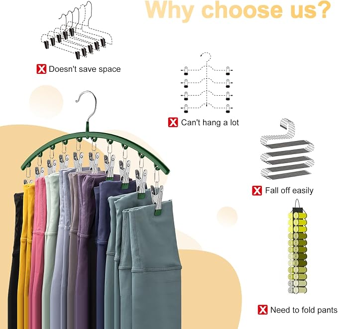 Legging Organizer for Closet, Metal Yoga Pants Hangers 2 Pack w/10 Clips Holds 20 Leggings, Space Saving Hanging Closet Organizer w/Rubber Coated Closet Organizers and Storage, Green - Image 2