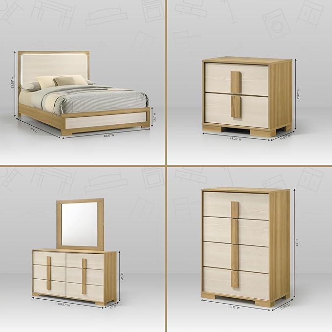 Kings Brand Furniture 6-Piece Natural/White Bedroom Set - Bed with LED Lights, Dresser, Mirror, Chest and 2 Nightstands (Queen)