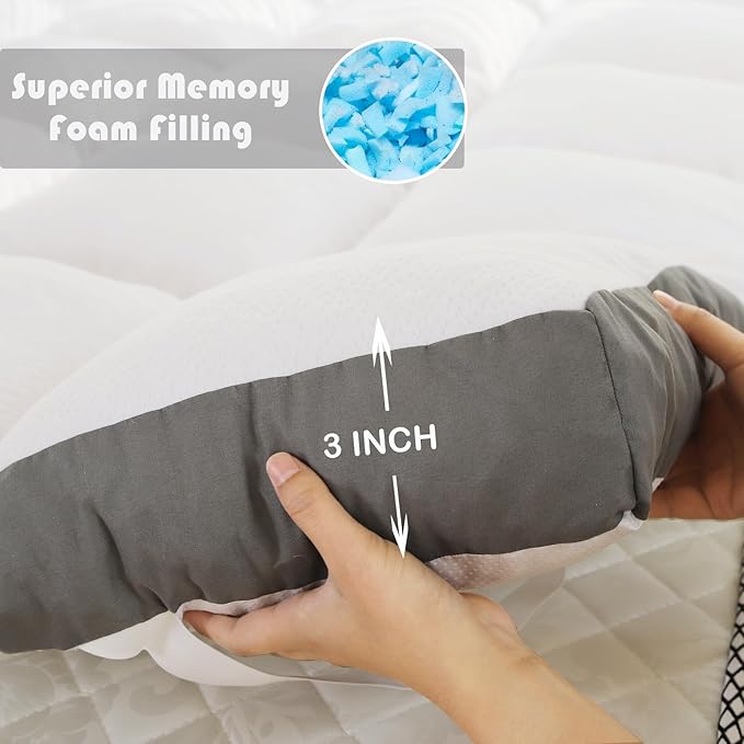 WhatsBedding Memory Foam Mattress Topper Queen Size Memory Foam Filled Warming Cooling Fluffy & Soft Pillow Top, Anti-Slip Bottom, 4 Elastic Straps, 80x60 Inch, Queen