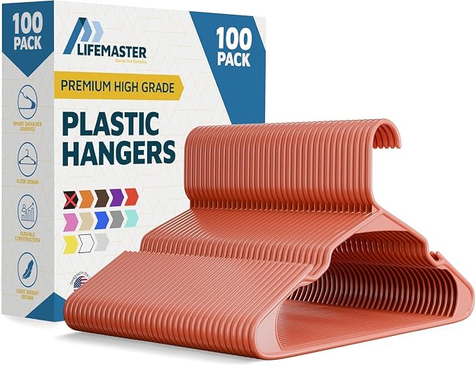 Lifemaster Plastic Clothes Hangers – Heavy Duty Hanger Set, for Organizing Clothes, Dresses, and Coat, Holds Up to 5 lbs, Space-Saving Hangers with Non-Slip Shoulder Grooves, Pack of 100, Dark Brown by LIFEMASTER