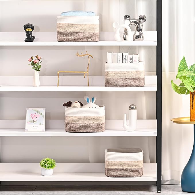 ICERZCZ Shelf Baskets for Organizing, Storage Baskets for Shelves, Woven Baskets for Storage, Cotton Rope Baskets with Handles for Toy, Book, Clothes, 12.5"Lx9.1W"x7.9H", (4 Packs) Gradient Brown - Image 2