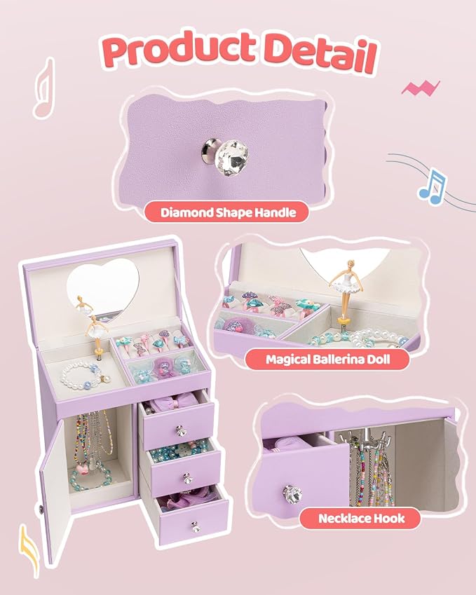 VLANDO Musical Jewelry Box for Girls, Large Kid Music Box with Ballerina for Birthday Bedroom Decor, 4 Layer Girl Jewelry Gifts for Girls Kids - Purple - Image 4