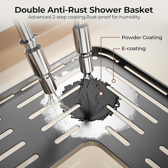 Orimade Rustproof 2 Tier Floor Standing Corner Shower Caddy Organizer with Toothbrush Holder, Large Spacing Floor Shower Shelf Rack Storage Stands with Hooks for Bathroom Kitchen, Black - Image 4