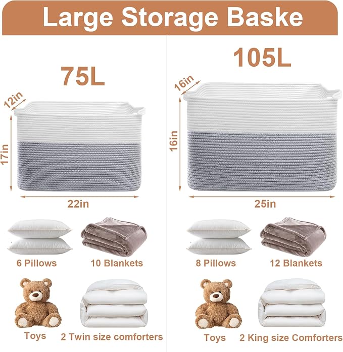 105L XXXL Large Blanket Basket, Rectangular Cotton Rope Basket, Laundry Hamper for Blankets, Pillows, Extra Large Toys Storage Bins for Kids, Dogs 25" x 16" x 16", White & Gray - Image 2
