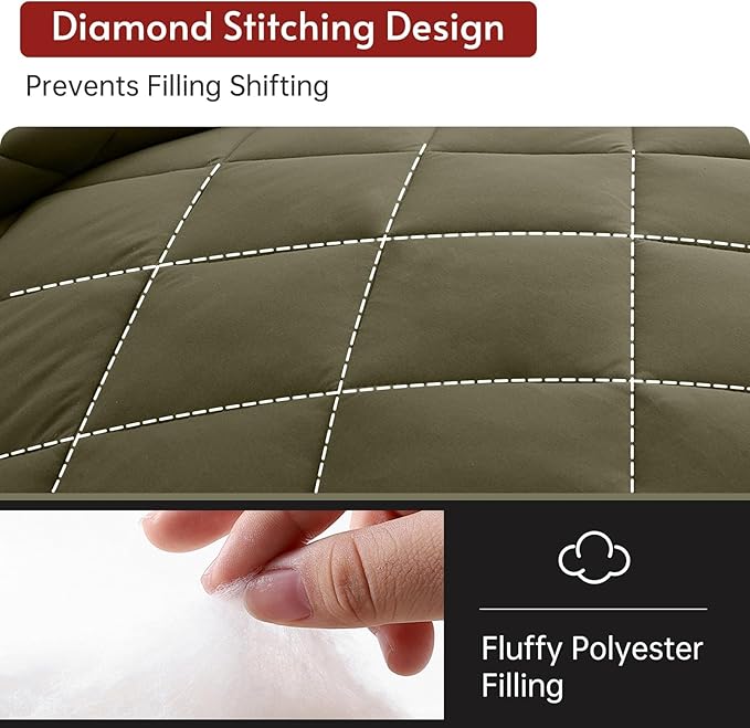 MUXHOMO 5 Pieces Twin Comforter Set, Reversible Bed in a Bag Twin Size, All Season Bedding Set with Comforter, Flat Sheet, Fitted Sheet, Pillowcases & Shams, Olive Green & Beige