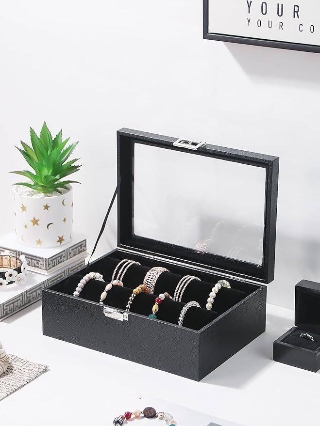 Bracelet Holder Organizer Box, Jewelry Storage Case with 2 Rods, Bangle Watch Display Tray for Women Girls (Black) - Image 2