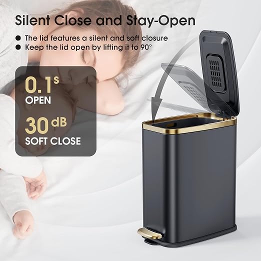 CEROELDA Small Bathroom Trash Can with Lid Soft Close-5L/1.3 Gal Slim Garbage Can-Metal Step Wastebasket-Rectangle Narrow Waste Bin for Office, Bedroom, Toilet, Live Room (Black) - Image 4