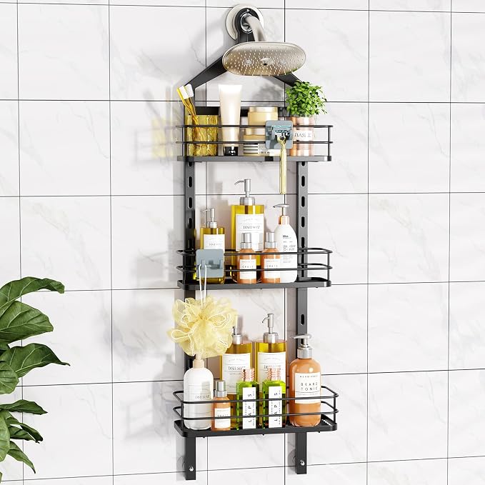 ODesign 3 Tier Height-Adjustable Shower Caddy Hanging Hanger Anti-Swing-Over The Shower Head Caddy-Shower Storage Organizer Bathroom Shelves Basket Shower Caddies-Black,11.9" x 4.84" x 36.2" by ODesign