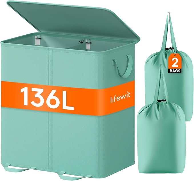 Lifewit Double Laundry Hamper with Lid and Removable Laundry Bags, Large Collapsible 2 Dividers Dirty Clothes Basket with Handles for Bedroom Laundry Room Closet Bathroom College, 136L Sage Green by Lifewit