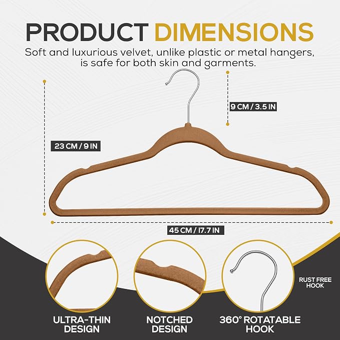Techzoo 50 Pack New Premium Quality Velvet Hangers Ultra Thin Non Slip Adult Felt Space Saving Hangers for Closet Heavy Duty Coat Pants Jackets Dress Hangers 360° Swivel Hook Hold Upto 10 lbs Bronze - Image 2