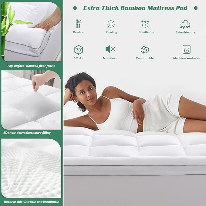 GRT Pillowtop Mattress Topper Full Size, Rayon from Bamboo Mattress Cover Padded with 900gsm 3D Snow Down Alternative Filling, Extra Thick Mattress Pad Full for Back Pain