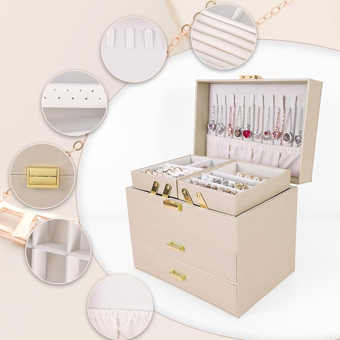 Dajasan Jewelry Organizer Box, Jewelry Holder Organizer Box, PU Leather Jewelry Box, Gift Idea for Valentine's Day, Birthday, Mother's Day, Christmas (Champagne) - Image 4