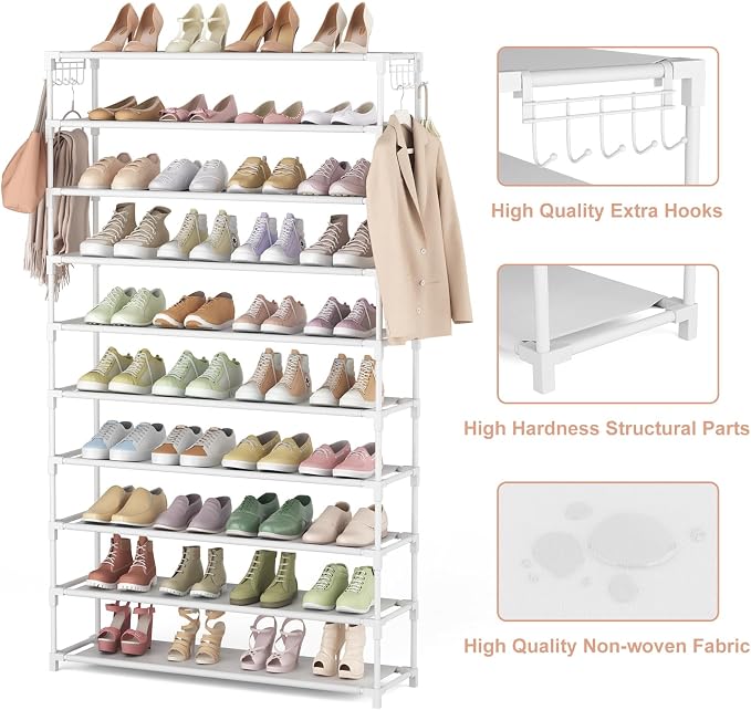 LANTEFUL 10 Tiers Shoe Rack 50 Pairs Large Capacity Tall Shoe Organizer Sturdy Shoe Storage with Two Hooks Space Saving Metal Wide Shoe Rack for Closet, Entryway, Bedroom, White - Image 4