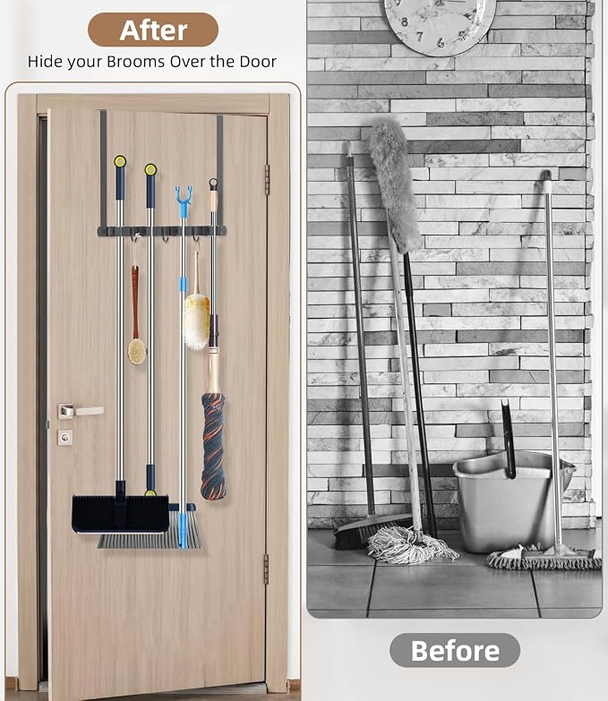 Broom Holder Over The Door-304 Stainless Steel Mop and Broom Holder Wall Mounted or Hanging Over The Door with Hooks - Broom Hanger, Tool Organizer for Garage Closet Laundry Kitchen-Space grey - Image 2