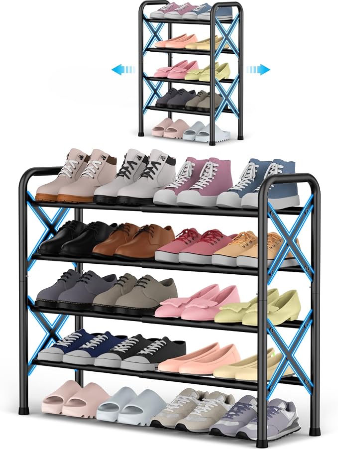 YEASHEIN 4-Tier Expandable Shoe Rack for Closet Floor, X-Frame Metal Small Shoe Rack for Entryway, Adjustable Shoe Shelf Organizer, Free Standing Shoe Racks for Front Door Entrance, Garage - Black by YEASHEIN