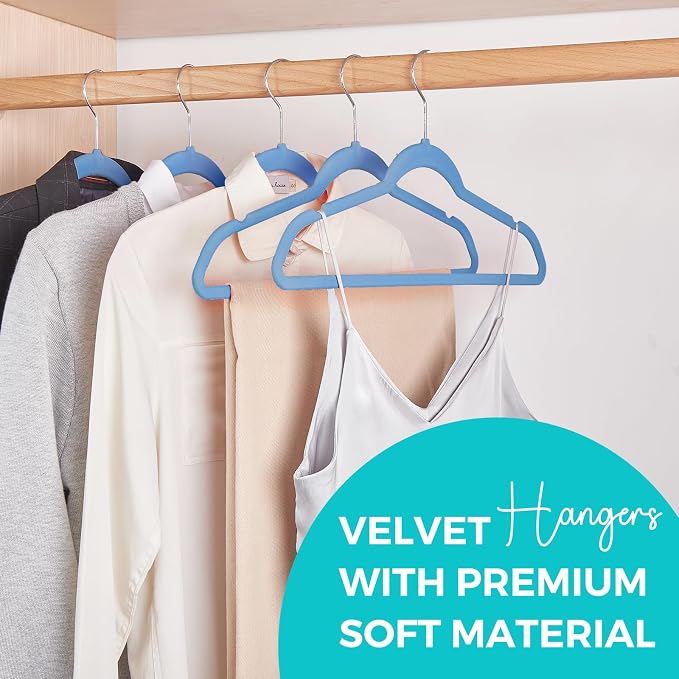 HOUSE DAY Premium Velvet Hangers 50 Pack Blue, Non-Slip Flocked Felt Hangers, Sturdy Clothes Hanger with 360° Rotatable Hook, Heavy Duty Durable Slim Coat Hanger for Closet Space Saving - Image 2