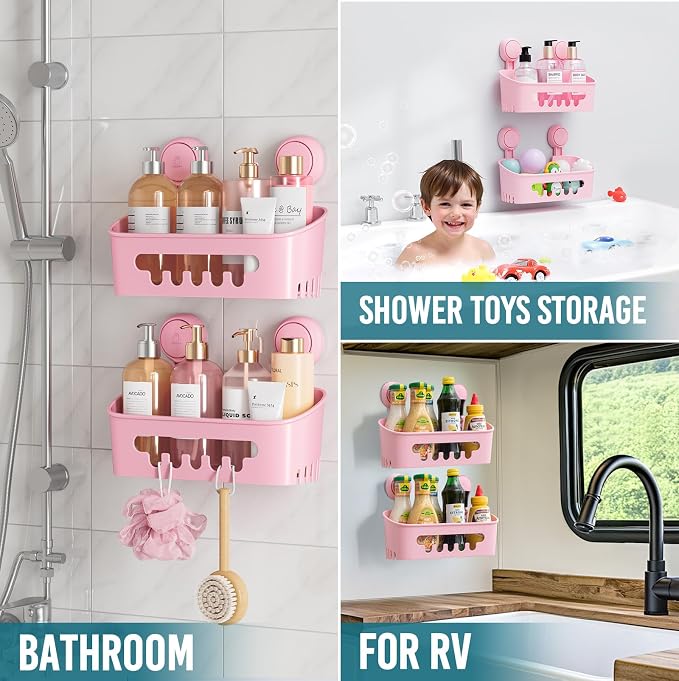 TAILI Shower Caddy Suction Cup 2 Pack, Heavy Duty Bathroom Organizer, Removable Shelves for Inside Shower, Shampoo, Waterproof Suction Plastic Storage for Bathroom Accessories Holder, Pink - Image 5