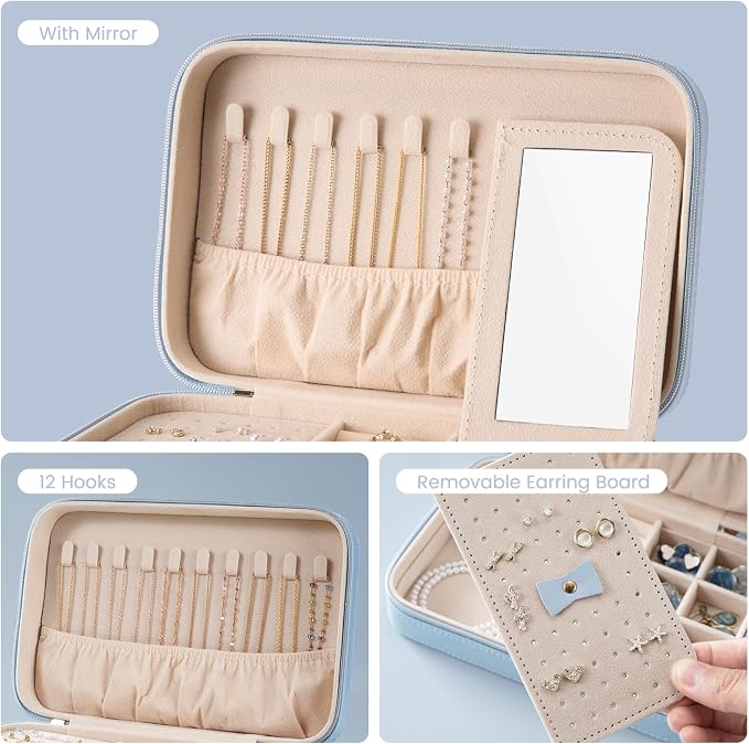 Lolalet Travel Jewelry Case for Women Girls, Travel Jewelry Organizer Box with Mirror & Clear Storage Bag, Small Portable Earring Necklace Bracelet Ring Case, Birthday Valentine Gifts -Medium, Blue - Image 5