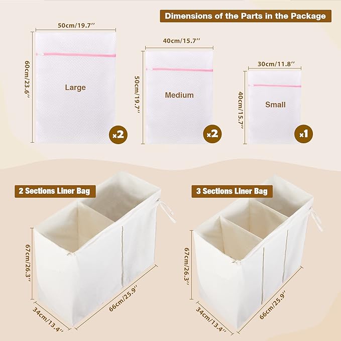Greenstell Laundry Hamper with Lid, 125L Large Clothes Hamper with 3 Section & 2 Section Removable Liner Bags & 5 Mesh Laundry Bags, Handwoven Synthetic Rattan Divided Laundry Basket, Natural - Image 3