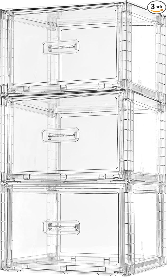 Vtopmart 3 Pack 18QT Clear Stackable Storage Drawers,Easily Assemble Closet Organizers,Plastic Storage Bins for Bathroom,Cabinet,Kitchen Pantry,Under Sink Organization(Medium) by Vtopmart