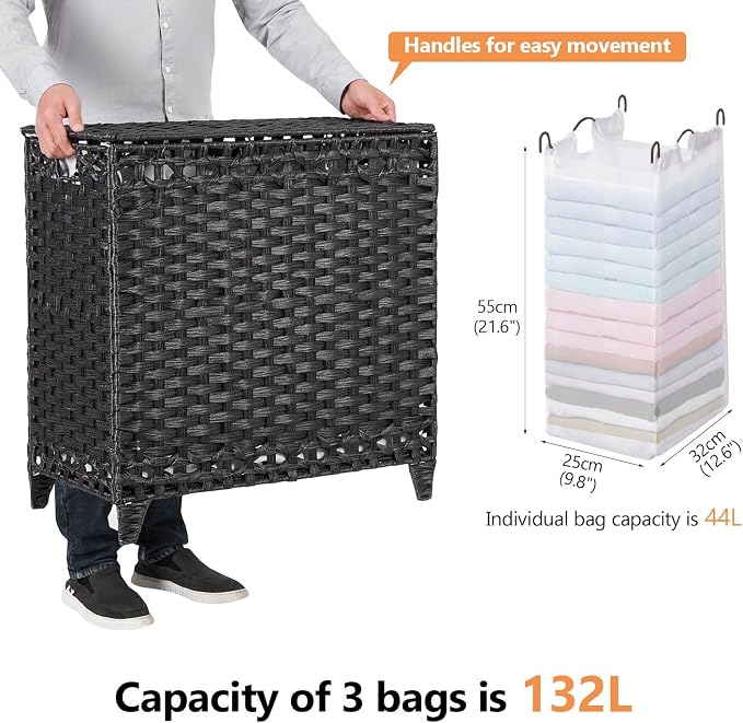 Laundry Hamper with 3 Removable Liner Bags; 132L Handwoven Rattan Laundry Basket with Lid & Heightened Feet; Clothes Hamper with Side Handles; Laundry Sorter with 3 Separate Sections - Image 4