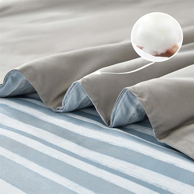 KAKIJUMN 7 Piece Bed in a Bag Stripe Comforter Set Full Size, White Grey Blue Striped Comforter and Sheet Set, All Season Soft Microfiber Complete Bedding Set(Light Blue,Full)