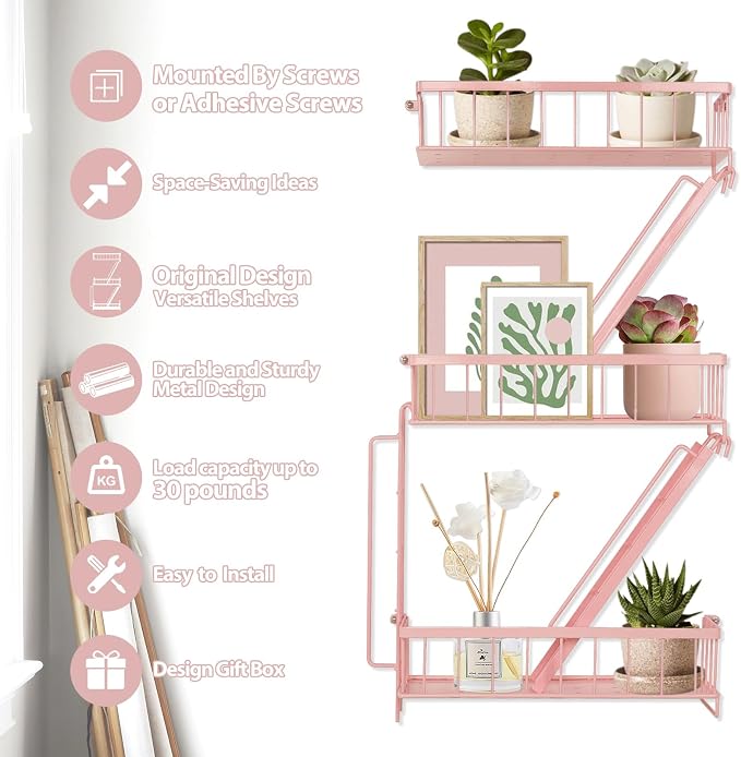 SweetSage Fire Escape Shelf - Pink Wall Decor Floating Shelves, Cute Metal Ladder Shelving for Bedroom, Home Decor Display (3-Tier) - Image 3