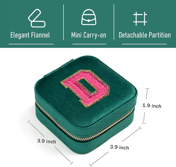 Personalized Velvet Travel Jewelry Case Box For Women Ring Necklace Earring Holder Organizer with Mirror Green Girls Box Birthday Gifts Mom Initial D - Image 3