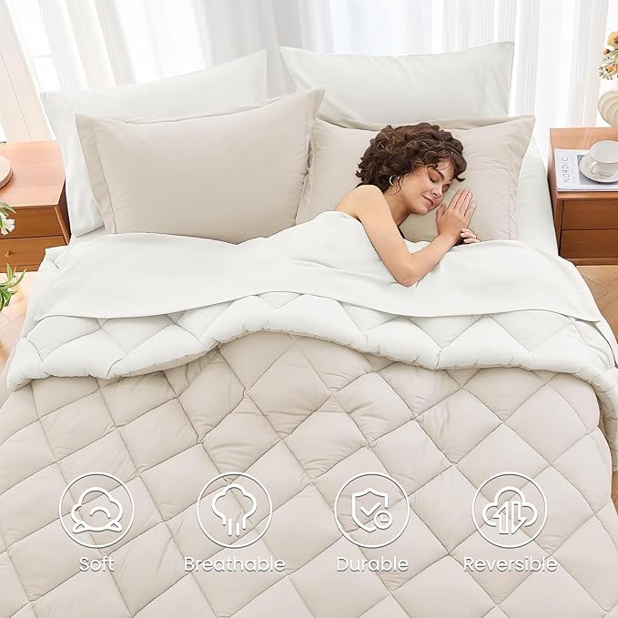 MUXHOMO 7 Pieces Full Comforter Set, Reversible Bed in a Bag Full Size, All Season Bedding Set with Comforter, Flat Sheet, Fitted Sheet, Pillowcases & Shams, Beige & White