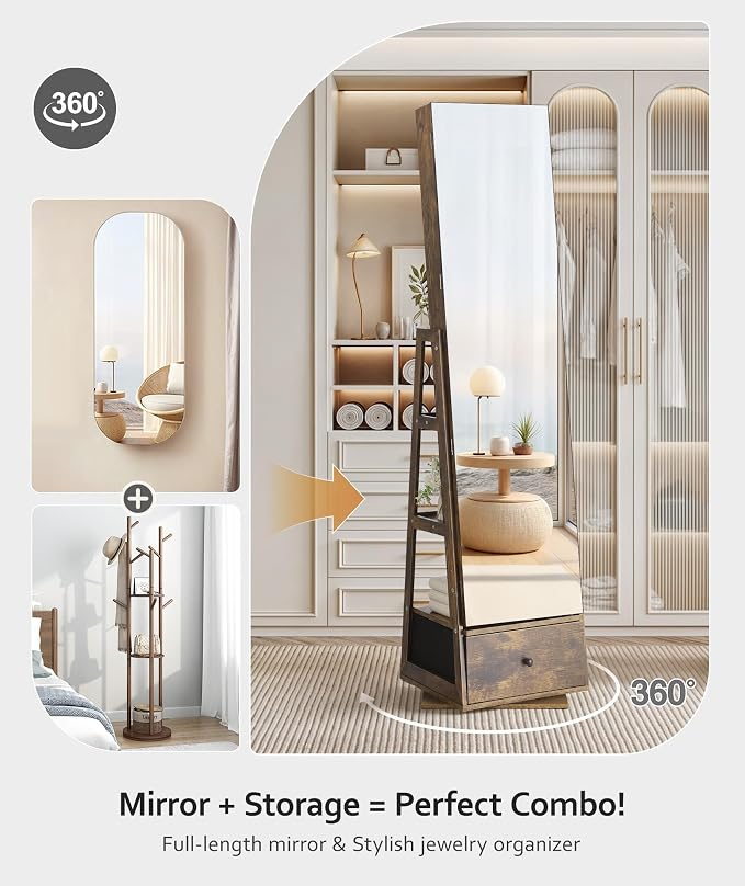 Nicetree 360°Swivel Jewelry Cabinet, Rotatable Full Length Mirror with Jewelry Storage, Standing Jewelry Armoire Organizer, Lockable Jewelry Organizer with 3 Rear Shelves, Bottom Drawer, Rustic Brown - Image 2