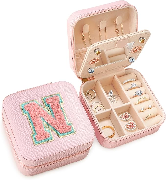 SANDJEST Personalized Jewelry Box, Pink Travel Jewelry Box with Initial N, Small Monogrammed Jewelry Case Organizer for Girls Women Teen Kids, Mini Travel Essentials Gifts for Birthday Christmas by SANDJEST