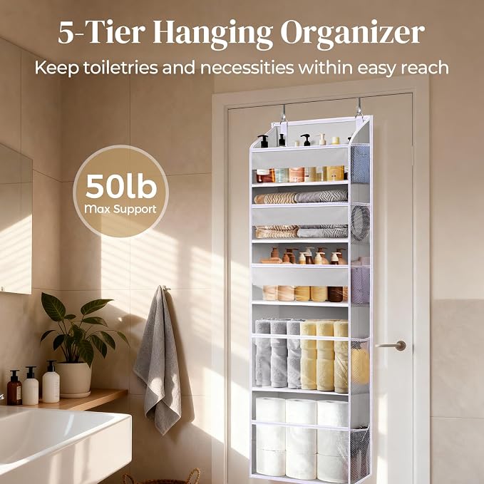 5 Tiers Over Door Organizer with 10 Mesh Side Pockets, 44 lbs Weight Capacity Hanging Storage Organizer with Clear Window Kids Toys, Shoes, Diapers, Light Gray - Image 4