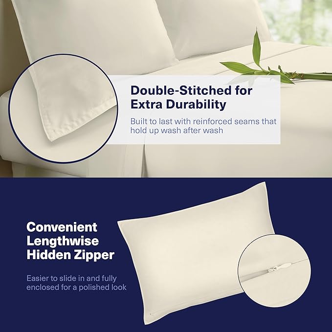 Kickoff Viscose Bamboo Sheets Short Queen Size 4-pc 100% Organic Bamboo Viscose Bed Cooling Sheets Short Queen Size Set Cool Bedding for hot sleepers sheet, Flat, Fitted, Pillowcases (Buttercream, SQ)