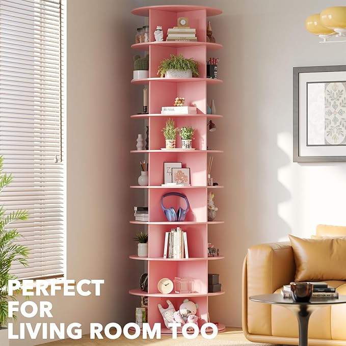 SpaceAid 9 Tier Rotating Shoe Rack Tower, Spinning Shoe Display Lazy Susan, Revolving 360 Shoe Rack Storage Round Carousel, Vertical Handbag Rotate Shoes Closet Organization (9-Tier Pink) - Image 6