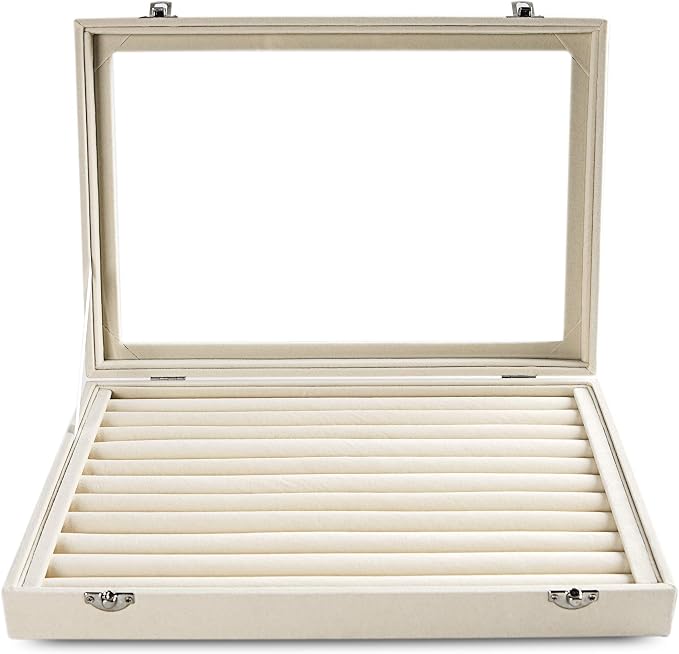 Frebeauty Rings/Earrings Organizer Tray with Clear Lid 10 Slots Velvet Drawer Insert Jewelry Storage box with Glass lid Jewelry Display Case Showcase Gift for Girls Women (Beige, 10 Slots) - Image 2