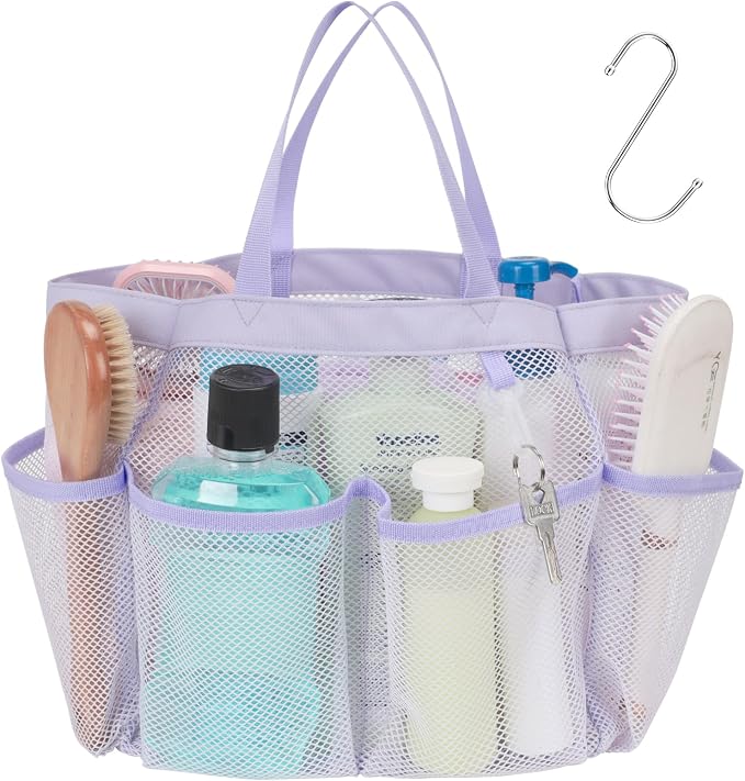 F-color Mesh Shower Caddy Portable, Upgrade Deeper 7 Pockets Shower Bag Basket Tote for College Dorm Room Toiletry Bathroom Essentials Gym Camp Quick Dry 2 handles with S Hook, Purple - Image 7