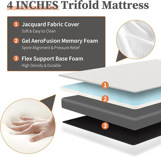 Sweetcrispy Tri-fold Memory Foam Mattress - 4 Inch Full Size Portable Bed Pad, Foldable Floor Mat, Collapsible and Washable Cover with CertiPUR-US Certified, for Travel & Camping & Yoga