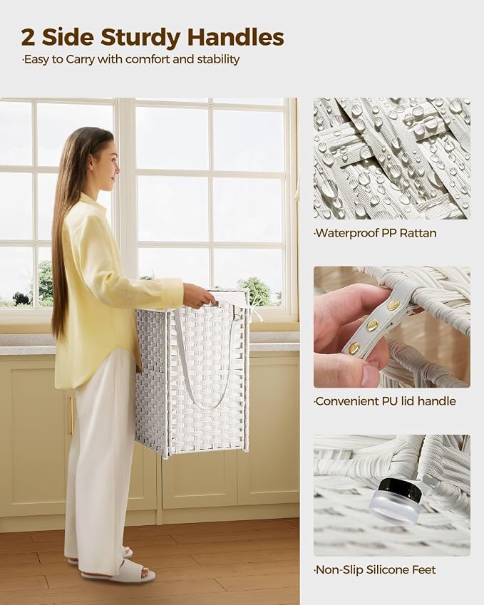 Greenstell Laundry Hamper with Wheels, No Install Needed, 90L Divided Handwoven Hampers & 2 Removable Liner Bags, Rattan Clothes Laundry Basket with Lid & Handles, Foldable Hampers White - Image 6