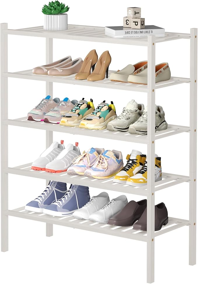 ROMGUAR CRAFT 5 Tier Bamboo Shoe Rack for Closet Free Standing Wood Shoe Shelf for Entryway Small Space Stackable 27"x11"x33" (White) by ROMGUAR+CRAFT
