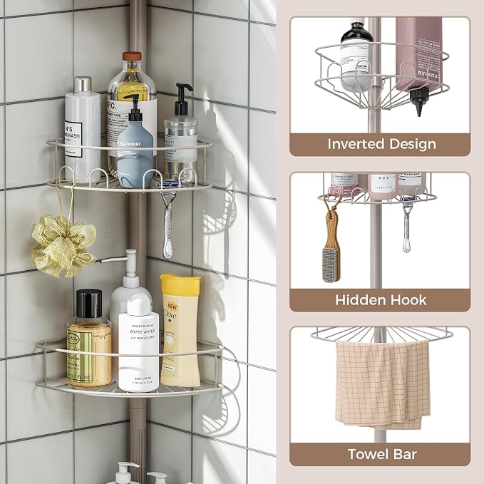 Urackify Corner Shower Caddy Tension Pole, 4 Tier Adjustable Bathroom Organizer Shelves, Shower Storage With Hidden Hook & Towel Holder,63.7-119 Inch No-Drill Quick Installation Shower Rack,Sliver - Image 2