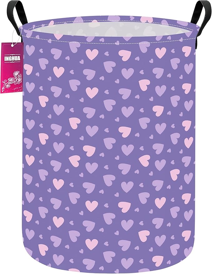 Laundry Hamper Large Canvas Fabric Lightweight Storage Basket/Toy Organizer/Dirty Clothes Collapsible Waterproof for College Dorms, Boys and Girls Bedroom,Bathroom(Purple hearts) by INGHUA