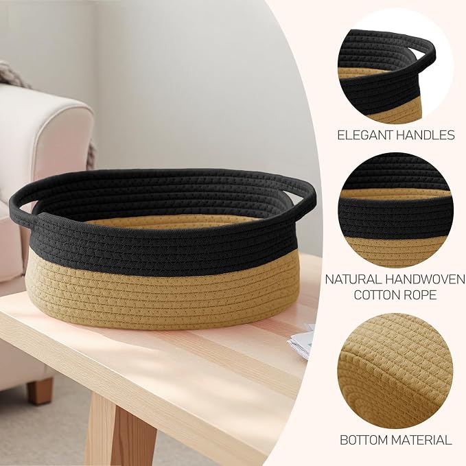 JMvicyroam Woven Basket,Small Rope Storage Bin with Handles & Ribbon Bag, Organizer for Shelves Closets,Gift Basket Empty for Birthday,Books,Dog Toys, Black&Jute - Image 3