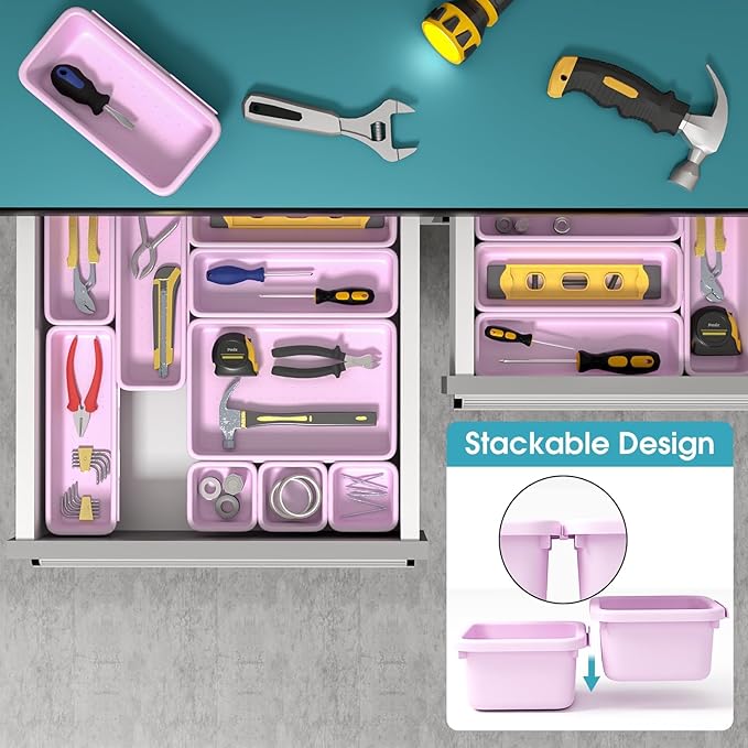 25 PCS Drawer Organizer Set, 4 Size Makeup Drawer Divider Organizer With Non-Slip Pads, Interlocking Plastic Storage Bins for Office,Jewelry Vanity,Gadgets, Bathroom,Kitchen, Purple - Image 5