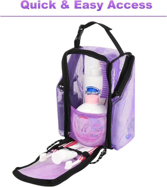 Cosmos Mesh Shower Caddy Toiletry Organizer Hanging Shower Tote Bag, Quick Dry Shower Organizer Portable Bath Bag with Durable Zippers & Side Pockets for Travel Gym Swimming Beach & Camp (Purple) - Image 3