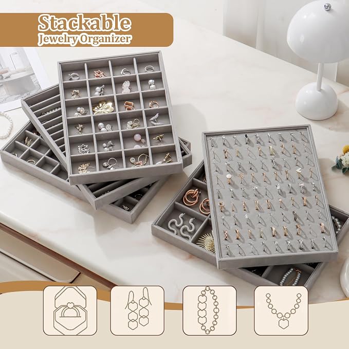 Large Velvet Jewelry Tray 2 Pack Stackable Jewelry Display Drawer Inserts Trays Organizer for Earring Bracelet Necklace Ring (Gray, 16 Grids) - Image 6